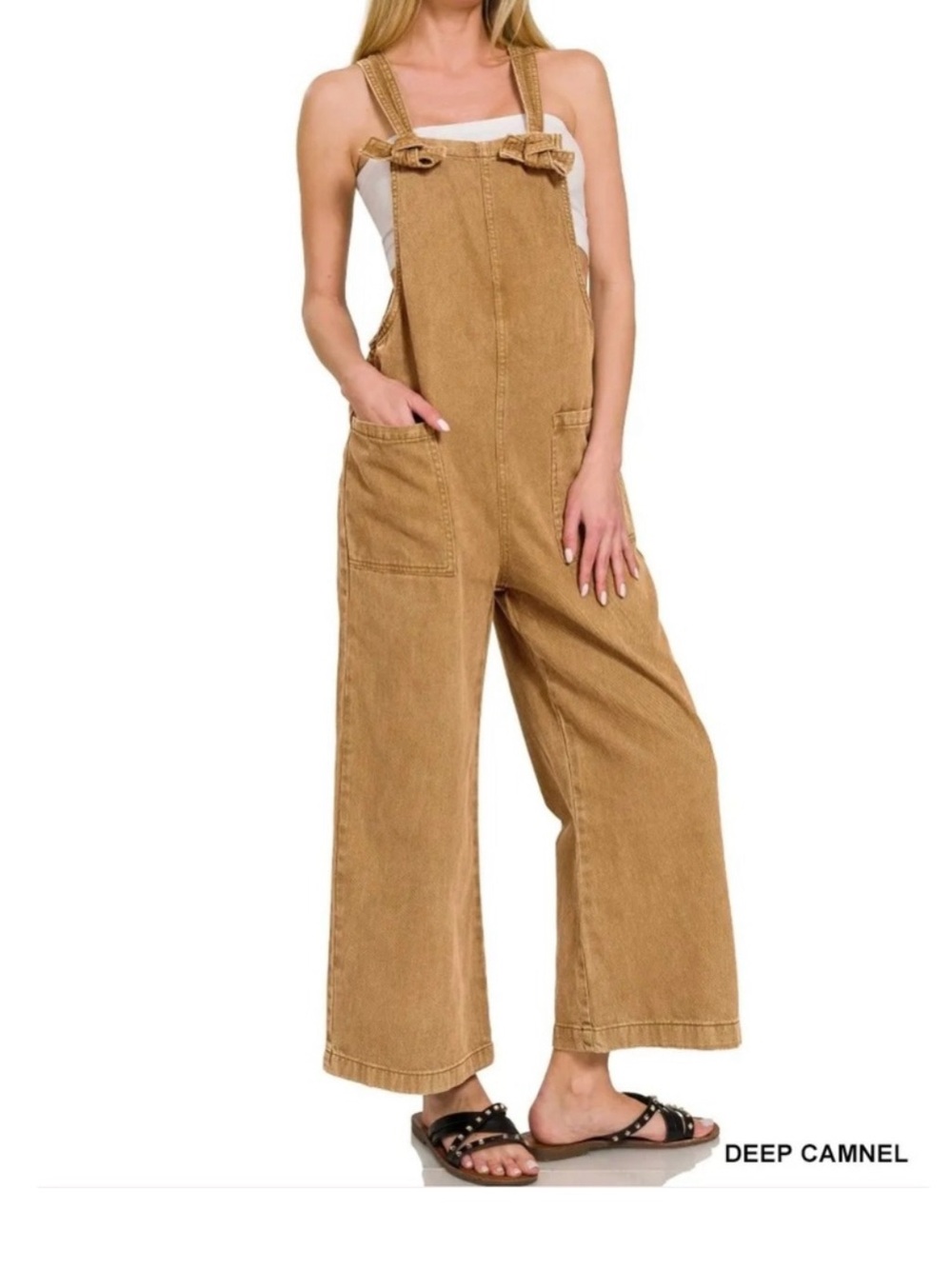 Zenana Outfitters Deep Camel Wide-Leg Women's Overalls knitted strap